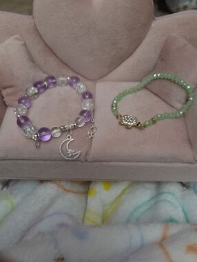 Amethyst & Silver Moon Charm Beaded Bracelet - Purple And Green One
